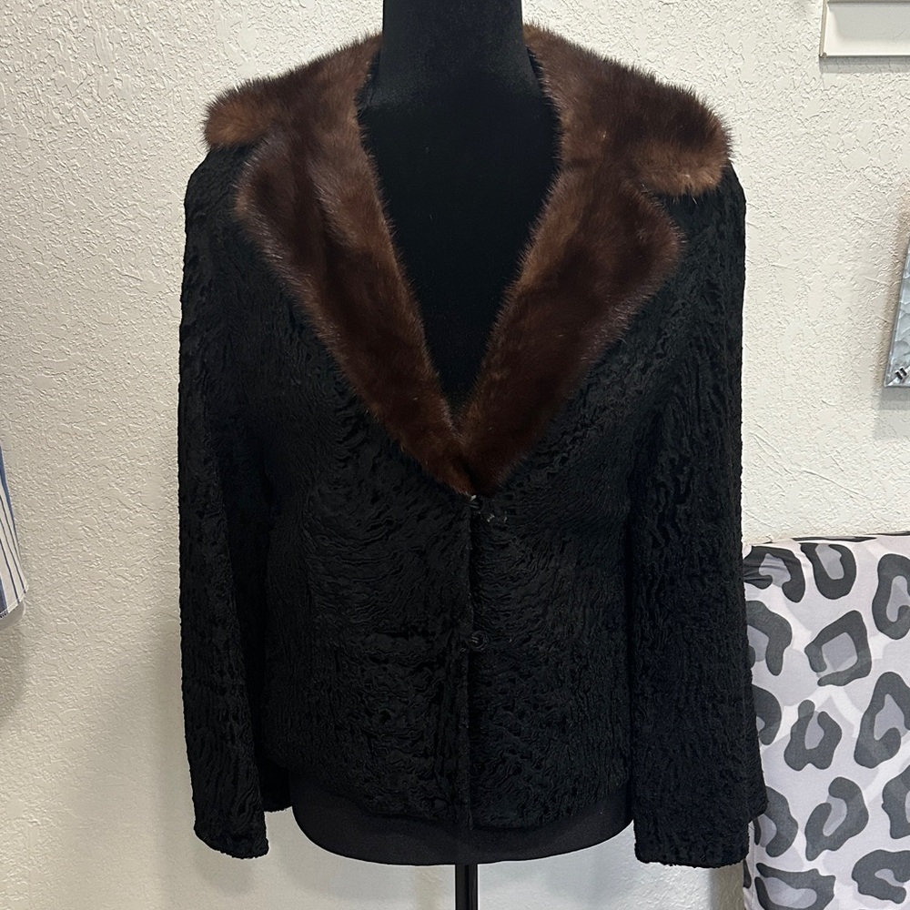 Chic Black and Brown Women's Persian Curly Lamb fur coat Jacket small